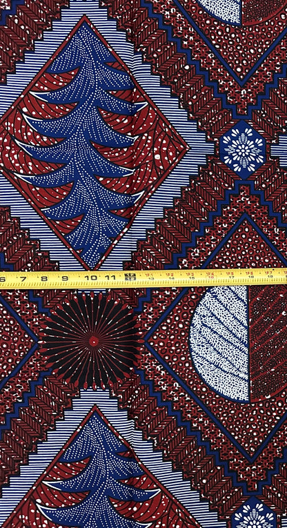 African Print Fabric/ Ankara - Brown, Navy, White 'Abusey Diamond', 1 YARD