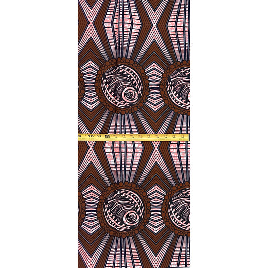 African Print Fabric/Ankara - Brown, Pink "Koidu Orbit" Design, 1 Yard