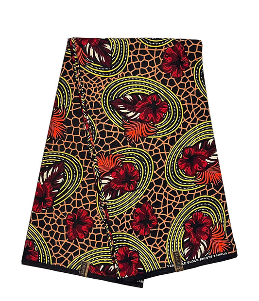 African Print Fabric/ Ankara - Brown, Red, Orange, Black 'Honey & Fire', YARD or WHOLESALE