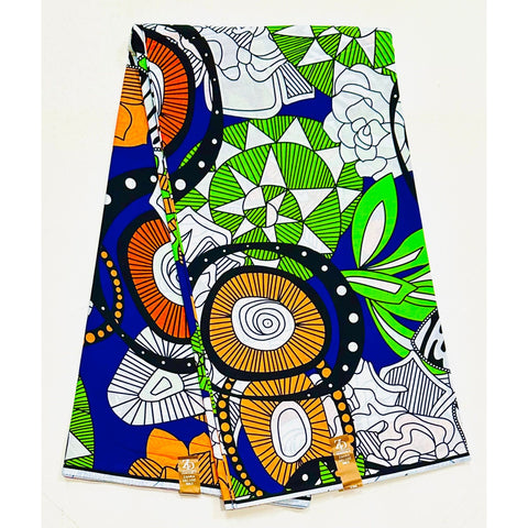 African Print Fabric/ Ankara - Blue, Green, Orange, Black “Hullabaloo”, Per Yard or Wholesale