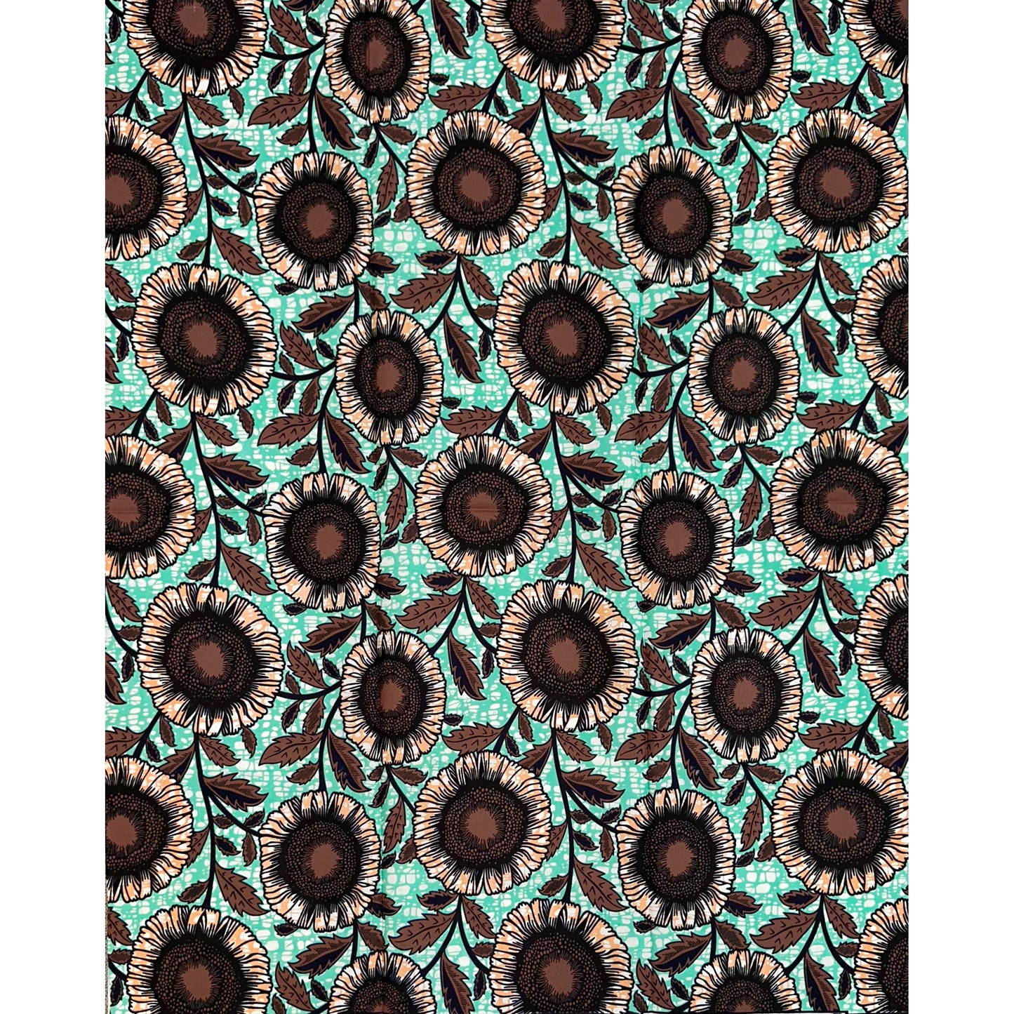 African Print Fabric/ Ankara - Turquoise, Brown ‘Anyanwu Sunflower' Design, YARD