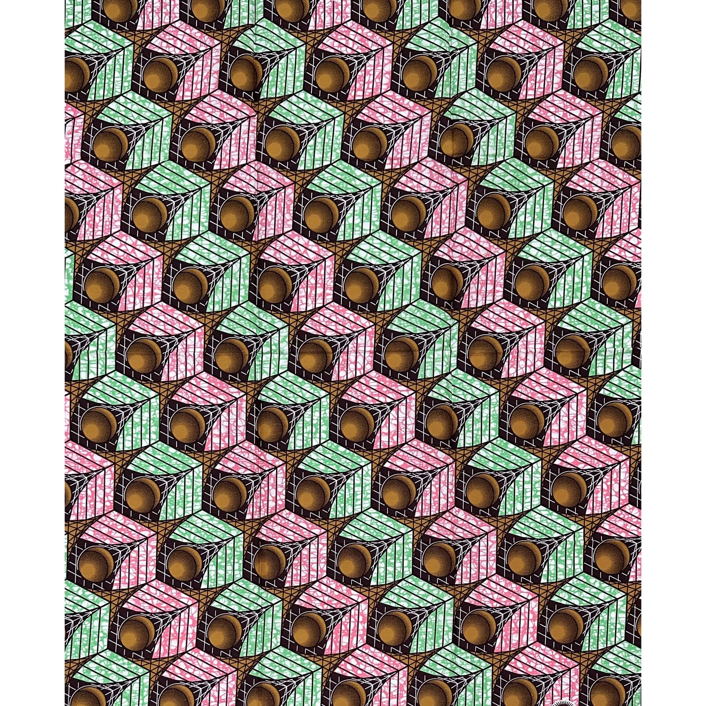 African Print Fabric/Ankara - Pink, Green, Brown "Cube of Calabar" Design, 1 Yard