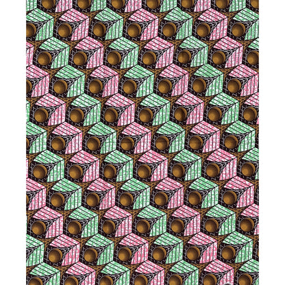 African Print Fabric/Ankara - Pink, Green, Brown "Cube of Calabar" Design, 1 Yard