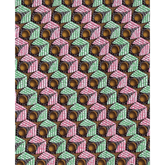 African Print Fabric/Ankara - Pink, Green, Brown "Cube of Calabar" Design, 1 Yard