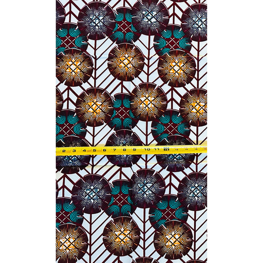 African Print Fabric/ Ankara - Cream, Teal, Orange, Brown 'Niani Array' Design, YARD or WHOLESALE
