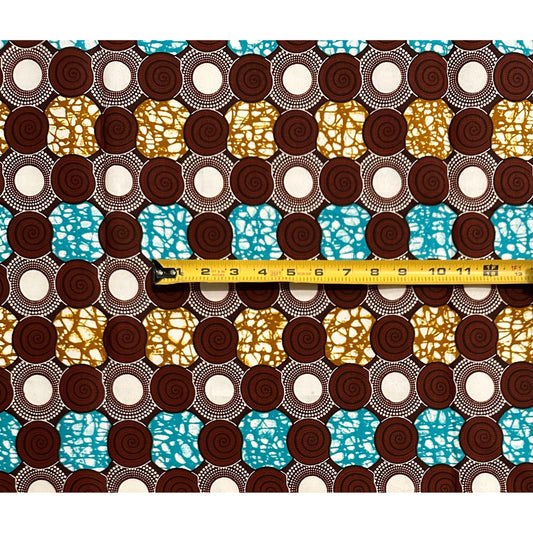 African Print Fabric/ Ankara - Brown, Blue "Circulation" Design, Yard