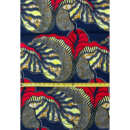 African Print Fabric/ Ankara - Red, Yellow, Navy 'Big Leaf Energy', 1 YARD