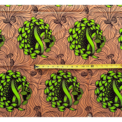 African Print Fabric/Ankara - Green, Shades of Brown "Uchenna Twist" Design, Yard