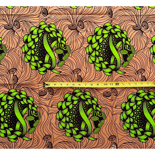 African Print Fabric/Ankara - Green, Shades of Brown "Uchenna Twist" Design, Yard