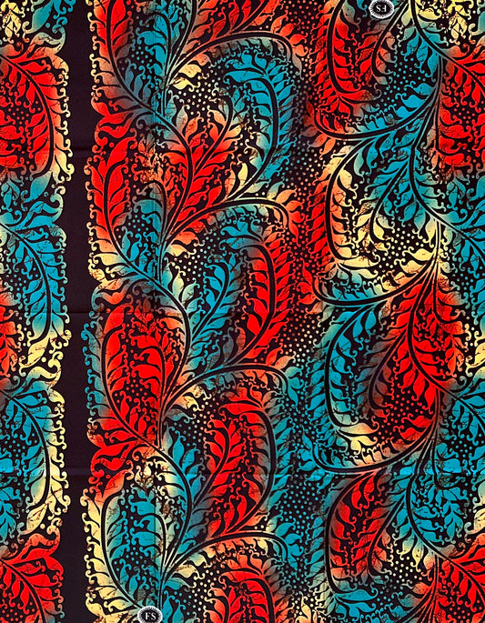 African Print Fabric/Ankara - Red, Teal, Beige, Brown "Dual Authority", ~1 Yard