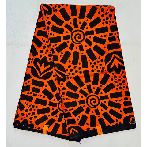 African Print Fabric/ Ankara - Black, Orange 'Asaka Shine’ YARD or WHOLESALE