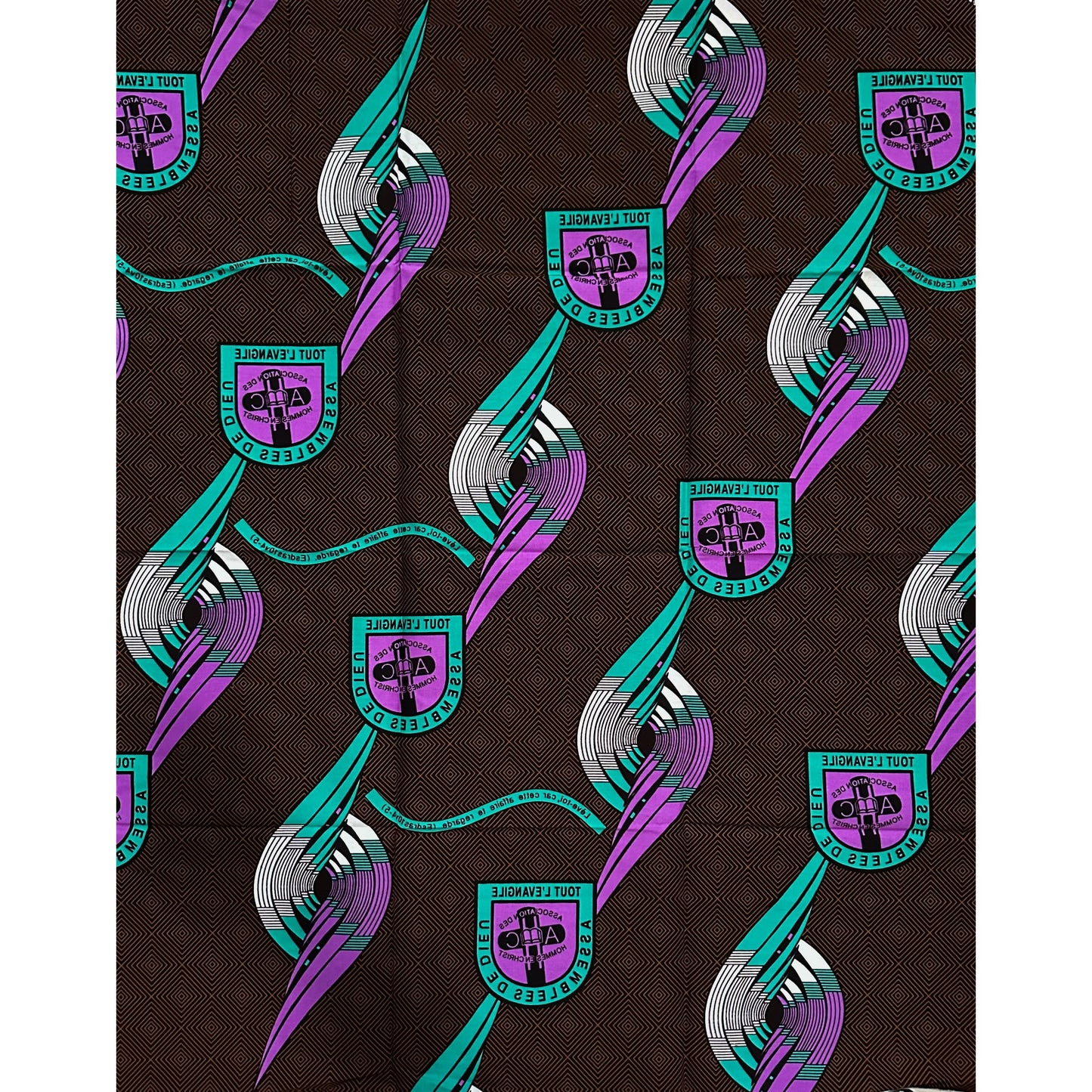 African Print Fabric/Ankara - Brown, Teal, Purple "Tout L’Evangile" Design