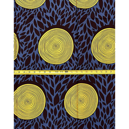 African Print Fabric/Ankara - Blue - Gray, Brown "Yellow Sun Tori" Design
