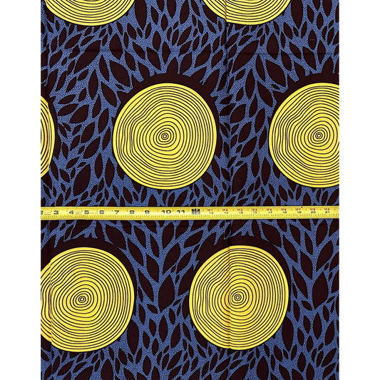 African Print Fabric/Ankara - Blue - Gray, Brown "Yellow Sun Tori" Design
