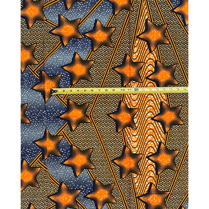 African Print Fabric/ Ankara - Orange, Blue ‘Guiding Star' Design, 1 YARD