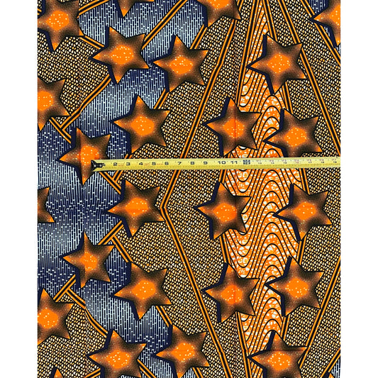 African Print Fabric/ Ankara - Orange, Blue ‘Guiding Star' Design, 1 YARD