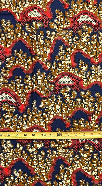 African Print Fabric/ Ankara - Brown, Navy, Orange 'The Famiky Recipe', 1 YARD