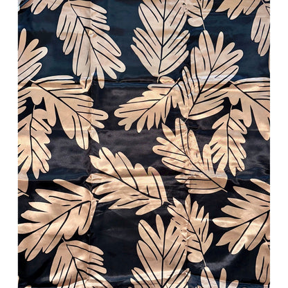 African Print, Satin Fabric- Light Brown/ Gold, Black "Leaves of Darien", Per Yard or Wholesale