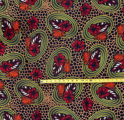 African Print Fabric/ Ankara - Brown, Red, Orange, Black 'Honey & Fire', YARD or WHOLESALE