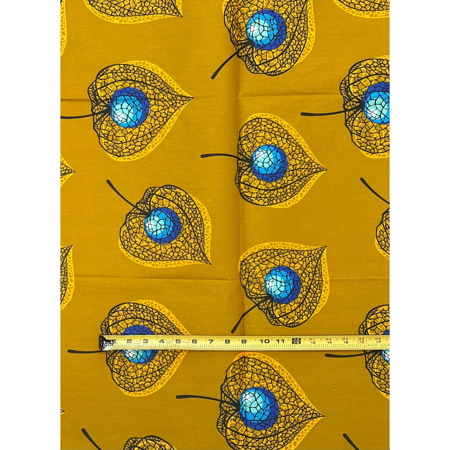 African Print Fabric/ Ankara - Gold, Marigold, Blue, Black ‘Zari Seed' Design, YARD