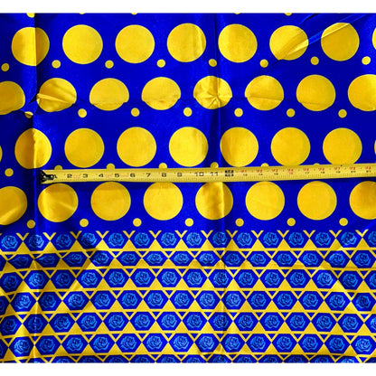 African Print, Satin Fabric - Blue, Yellow "Circles of Eliud", Per Yard or Wholesale