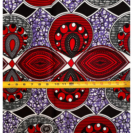 African Print Fabric/ Ankara - Red, Purple, Gray 'Fire & Tori,’ 1 YARD