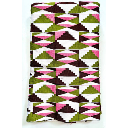 African Fabric/ Woven Kente - Pink, Green, Brown “Akosua”, 4 Yards