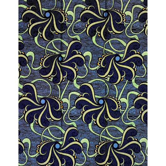 African Print Fabric/ Ankara - Gray, Blue, Yellow, Green, Black 'Sannu a Hankali' Design, 1 Yard