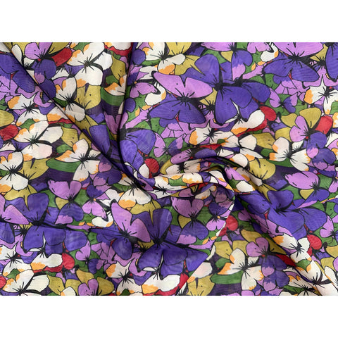 African Print, Chiffon Fabric - Purple, Green, Red "Love Is Like A Butterfly", ~2 Yards