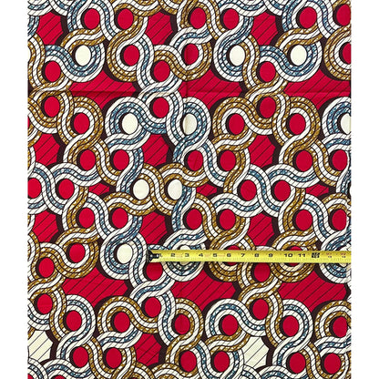 African Print Fabric/ Ankara - Red, Gray, Brown, Cream  ‘Circle of Elders' Design, 1 YARD