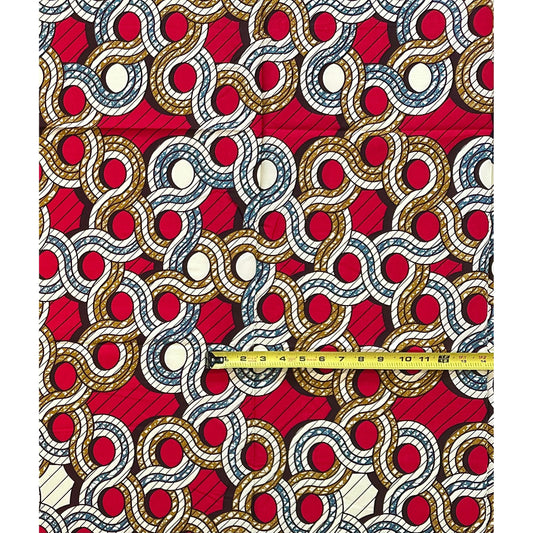 African Print Fabric/ Ankara - Red, Gray, Brown, Cream  ‘Circle of Elders' Design, 1 YARD