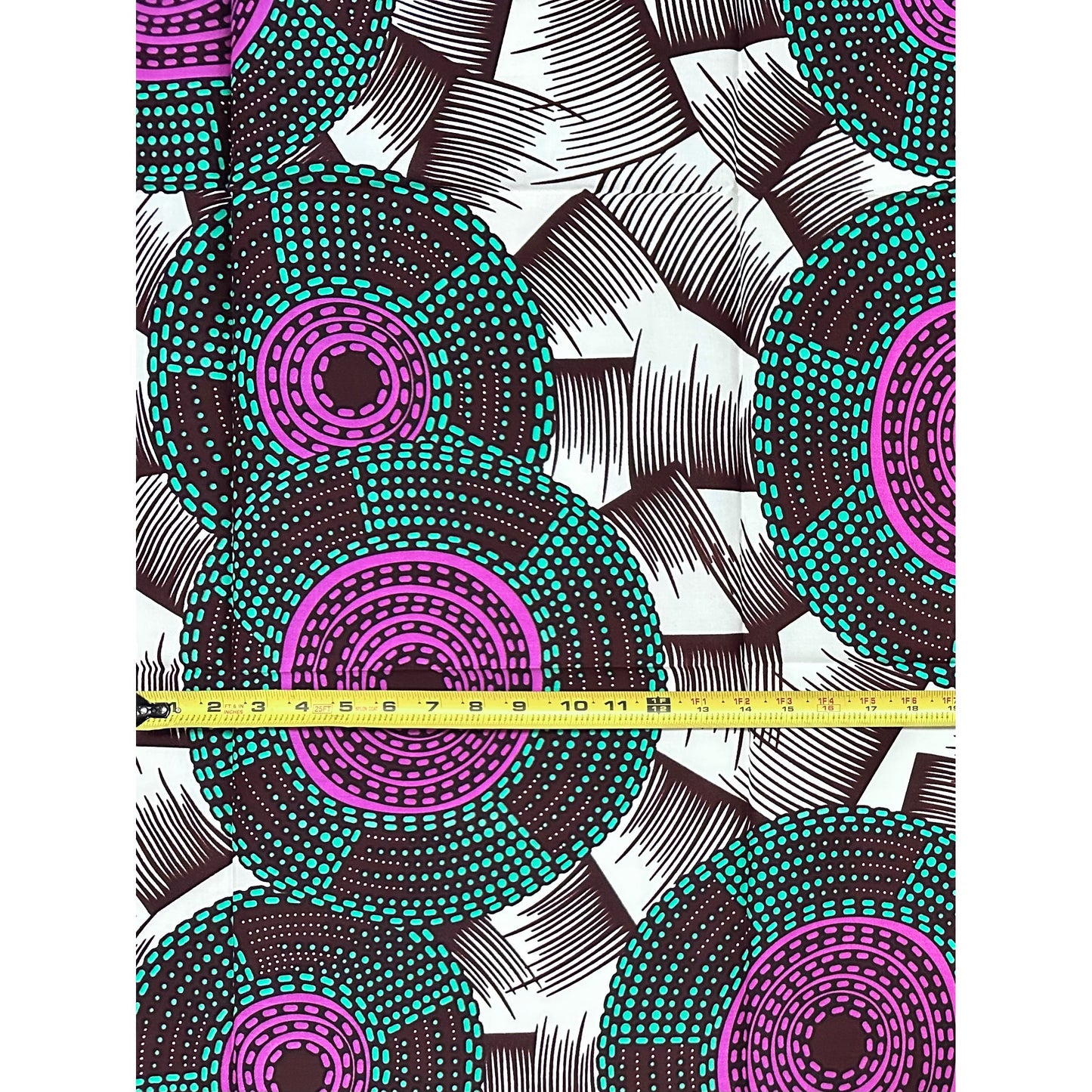 African Print Fabric/ Ankara - Cream, Green, Purple ‘The Drummers Are Watching' Design, 1 YARD