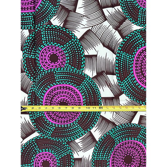 African Print Fabric/ Ankara - Cream, Green, Purple ‘The Drummers Are Watching' Design, 1 YARD