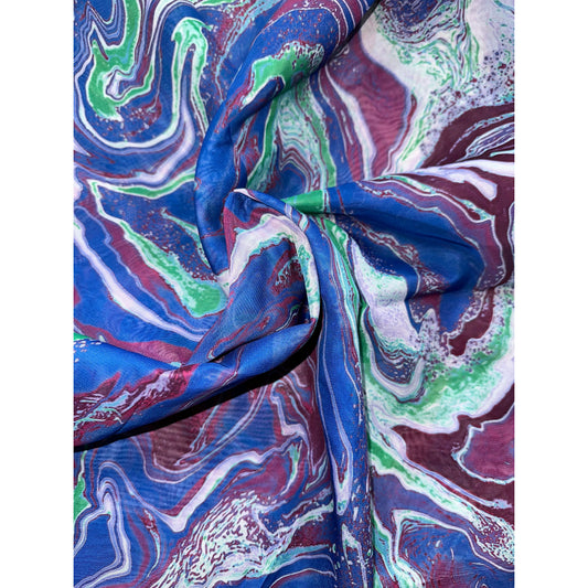African Print, Chiffon Fabric - Blue, Purple, Green "Wasi Whirl", ~2 Yards