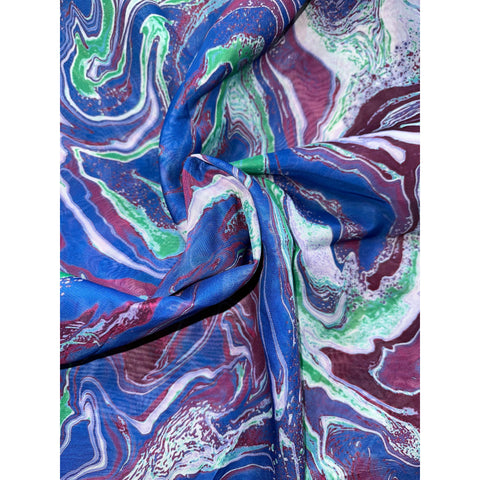 African Print, Chiffon Fabric - Blue, Purple, Green "Wasi Whirl", ~2 Yards