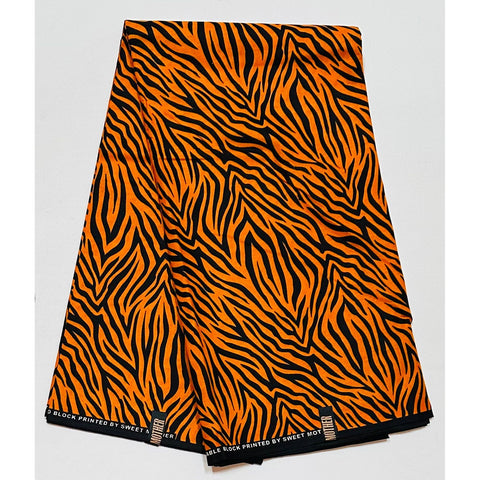 African Print Fabric/ Ankara - Orange, Black 'Sabi Savage' Design, YARD or WHOLESALE