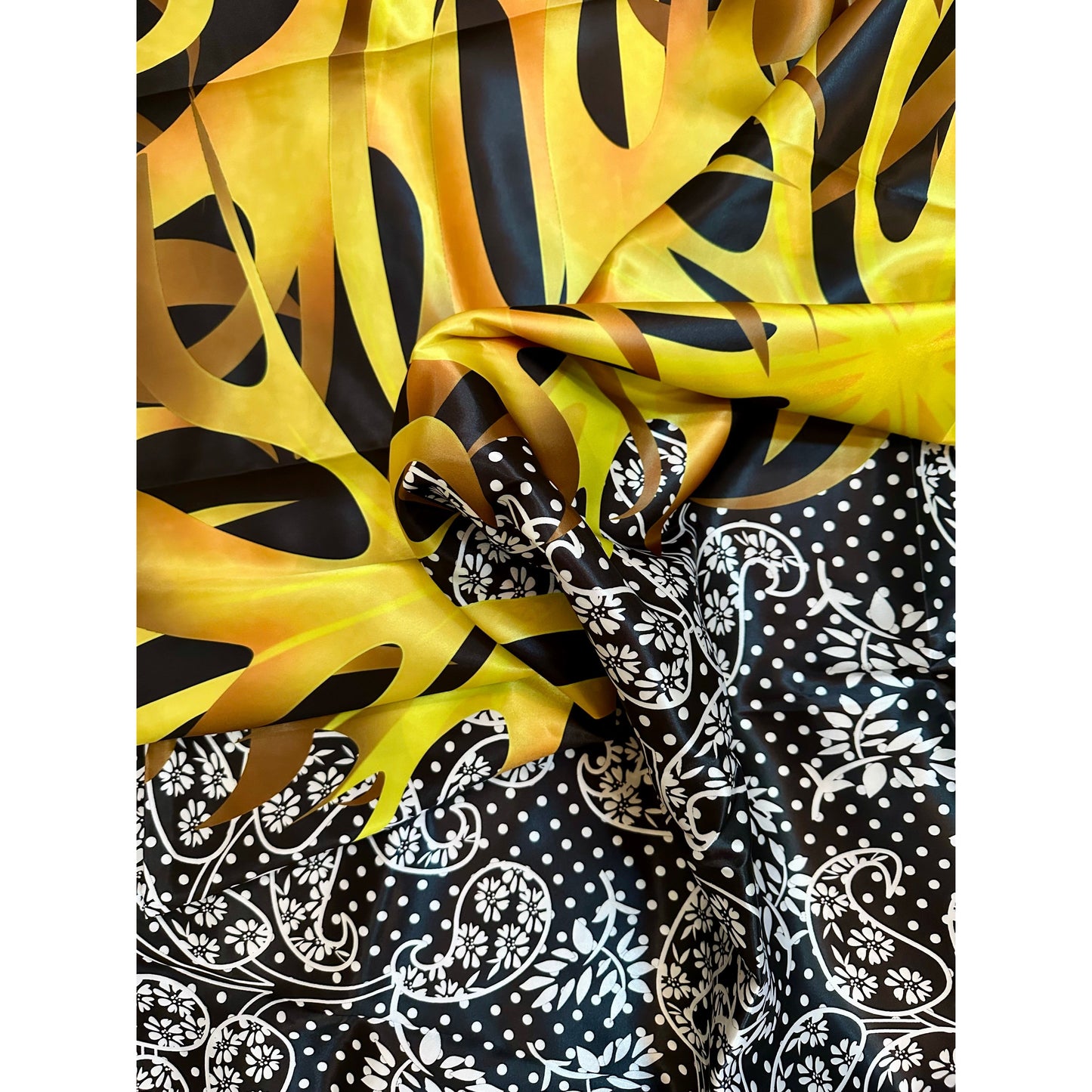 African Print, Satin Fabric- Black, White, Yellow, Gold "Swirl of Ibukun", Yard or Wholesale
