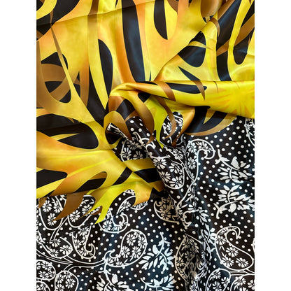 African Print, Satin Fabric- Black, White, Yellow, Gold "Swirl of Ibukun", Yard or Wholesale