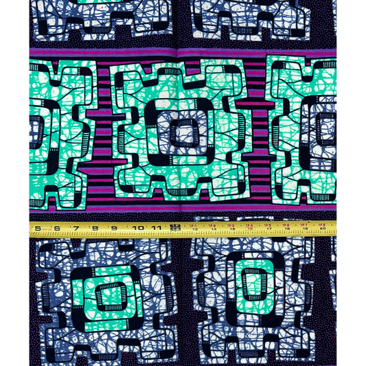 African Print Fabric/ Ankara - Turquoise, Shades of Purple ‘Jaga Jaga Blocks' Design, YARD