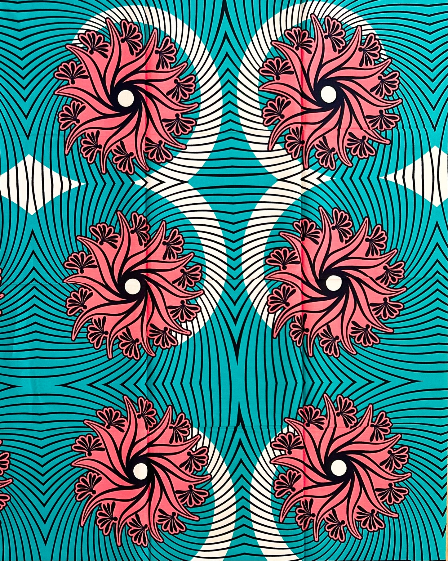 African Print Fabric/ Ankara - Teal, Pink “Opará Lotus', YARD or WHOLESALE **Slightly Flawed**