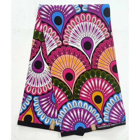 African Print Fabric/ Ankara - Pink, Purple, Green, Blue, Marigold, Black 'Chikoko Plume', Yard or Wholesale