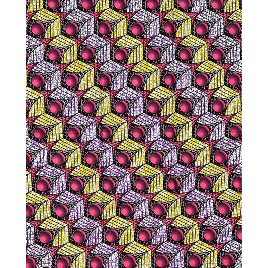 African Print Fabric/Ankara - Pink, Purple, Brown "Cube of Calabar" Design, 1 Yard