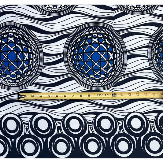 African Print Fabric/ Ankara - White, Shades of Blue 'Atlantic Traffic', 1 Yard