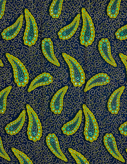 African Print Fabric/ Ankara - Navy, Yellow, Teal ‘Safiri Paisley' Design, 1 YARD