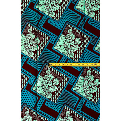 African Print Fabric/ Ankara - Blue, Mint Green, Brown 'Eko Retro Panels,’ 1 YARD