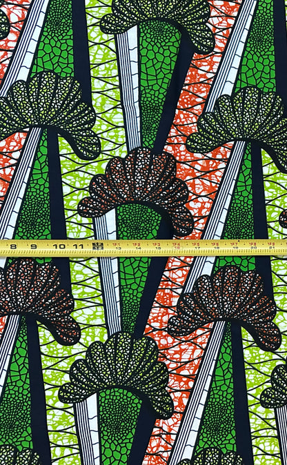 African Print Fabric/ Ankara - Orange, Green, Navy 'Roots & Routes' Design, 1 Yard