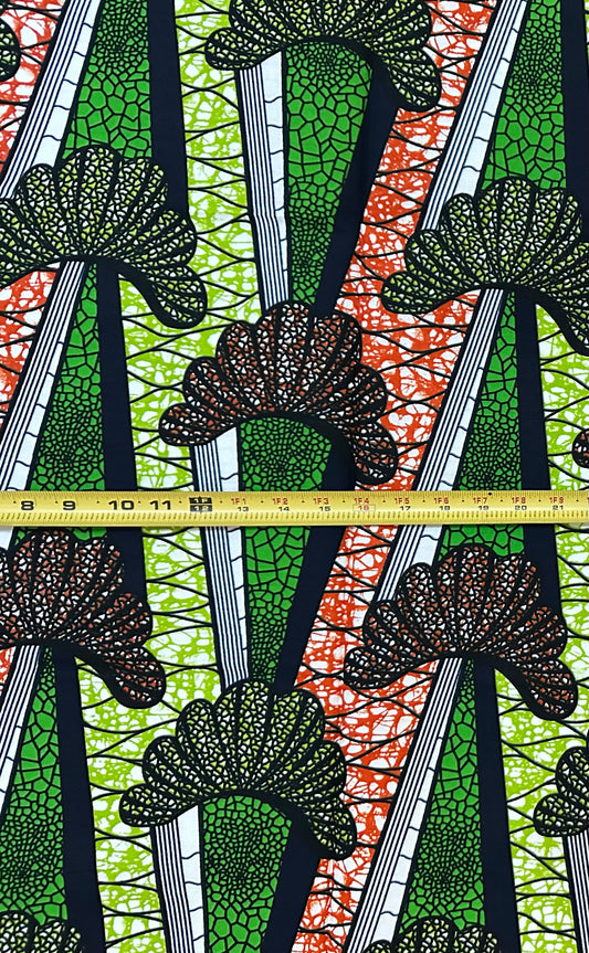 African Print Fabric/ Ankara - Orange, Green, Navy 'Roots & Routes' Design, 1 Yard