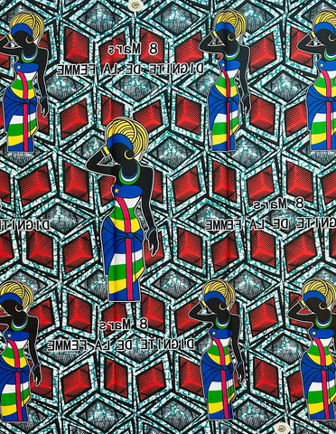 African Print Fabric/ Ankara - Green, Red, Blue 'Dignite De La Femme,’ YARD