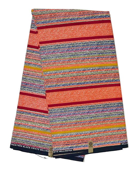 African Print Fabric/ Ankara - Orange, Red, Blue 'Color Between The Lines' Design, YARD or WHOLESALE