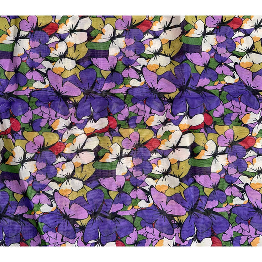 African Print, Chiffon Fabric - Purple, Green, Red "Love Is Like A Butterfly", ~2 Yards